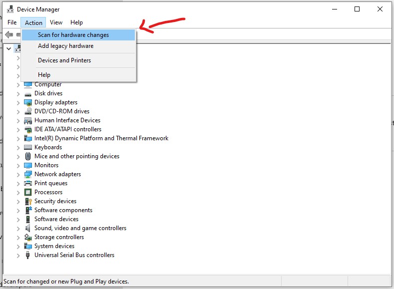 Scan for hardware changes in device manager